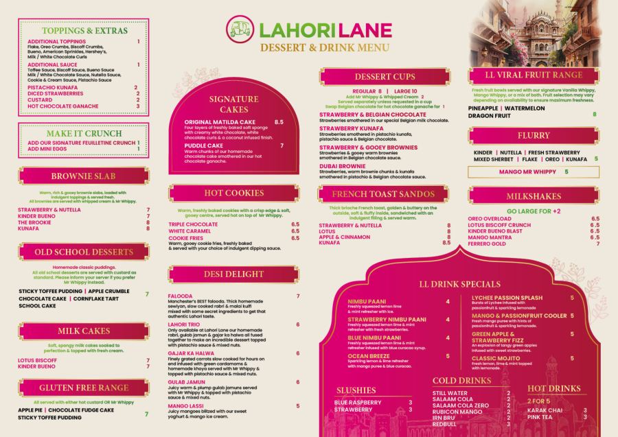 The new Lahori Lane dessert and drink menu, September 2026: signature cakes, hot cookies, dessert cups, French toast sandos, brownie slabs, desi delight, milkshakes, LL drink specials, slushies and hot and cold drinks, with prices