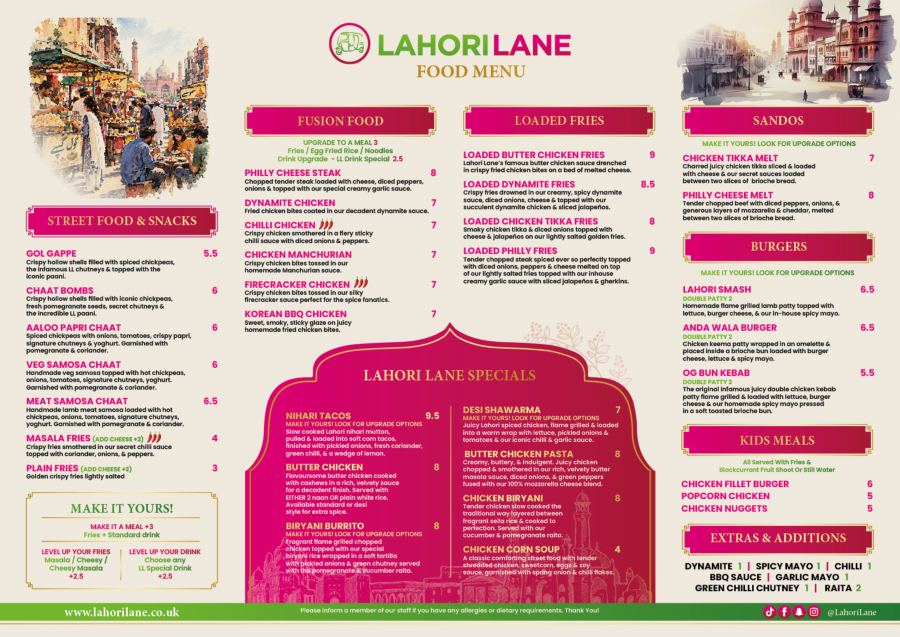 The new Lahori Lane food menu, September 2026: street food and snacks, fusion food, loaded fries, sandos, burgers, LL specials, kids meals and extras, with prices